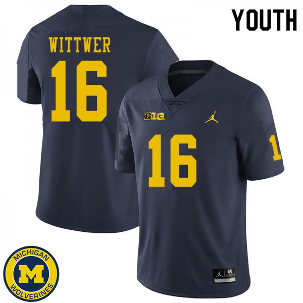 Youth Michigan Wolverines #16 Max Wittwer Navy University Football Jersey